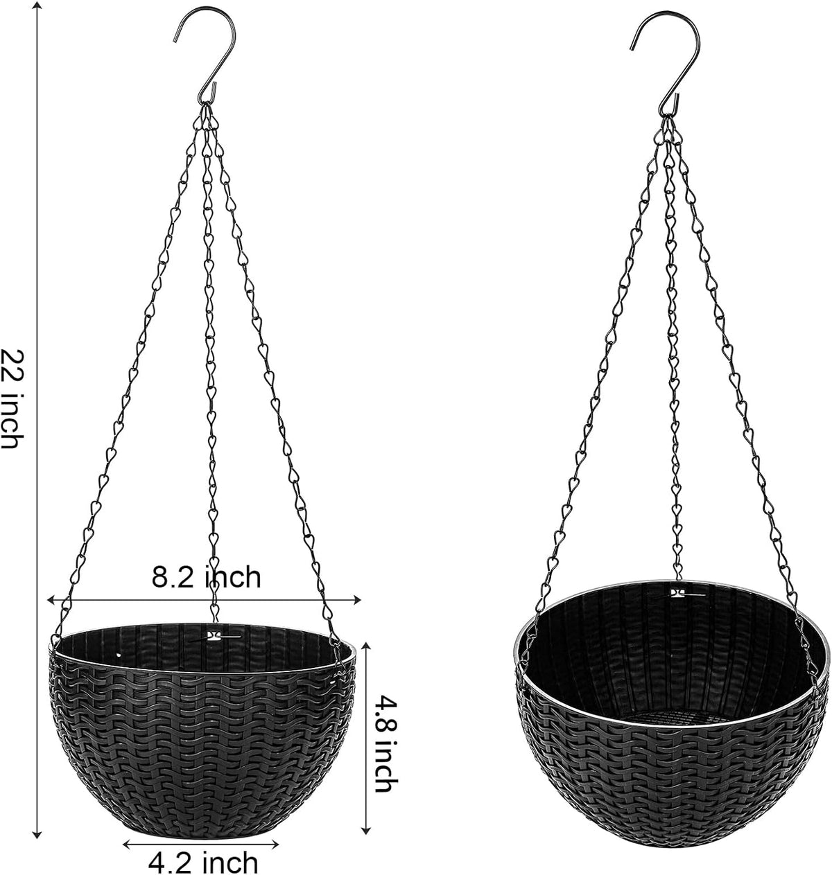 Foraineam 4 Pack Black Hanging Planters, 8.2 inch Hanging Flower Basket Planter Pots, Garden Plant Pot Container, Balcony Patio Hanging Basket Planters with Drainage Hole for Indoor and Outdoor Use
