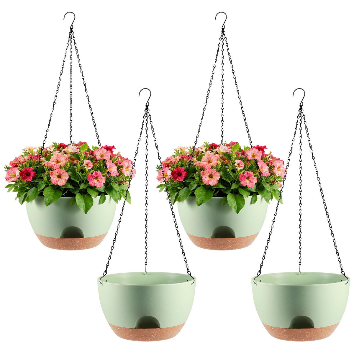 4-Piece Set of 8-Inch Hanging Planters with Automatic Watering System and Drip Tray, Includes Metal Chain, Suitable for Various Indoor and Outdoor Plants and Flowers, Black-Brown
