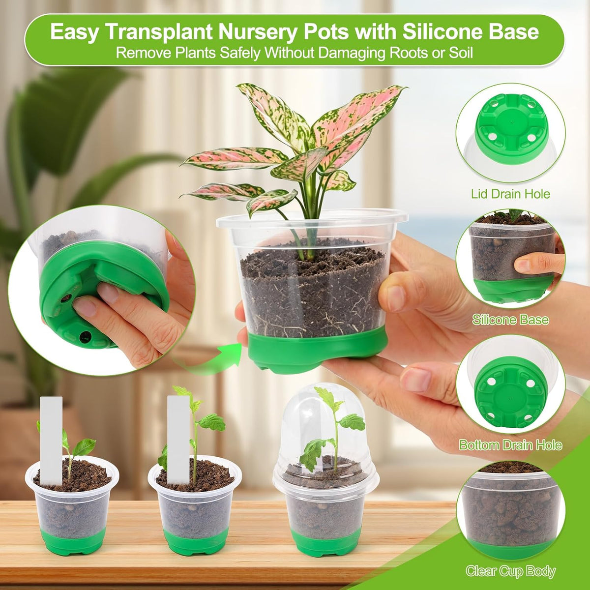 59Pcs Clear Nursery Pots Kits with Grow Light Includes 22 Pack 4'' Seed Starter Pots with Silicone Base & Lids, Clear Plant Pots for Propagation, Seedling Pots Kit with Drainage, Labels, Repotting Mat
