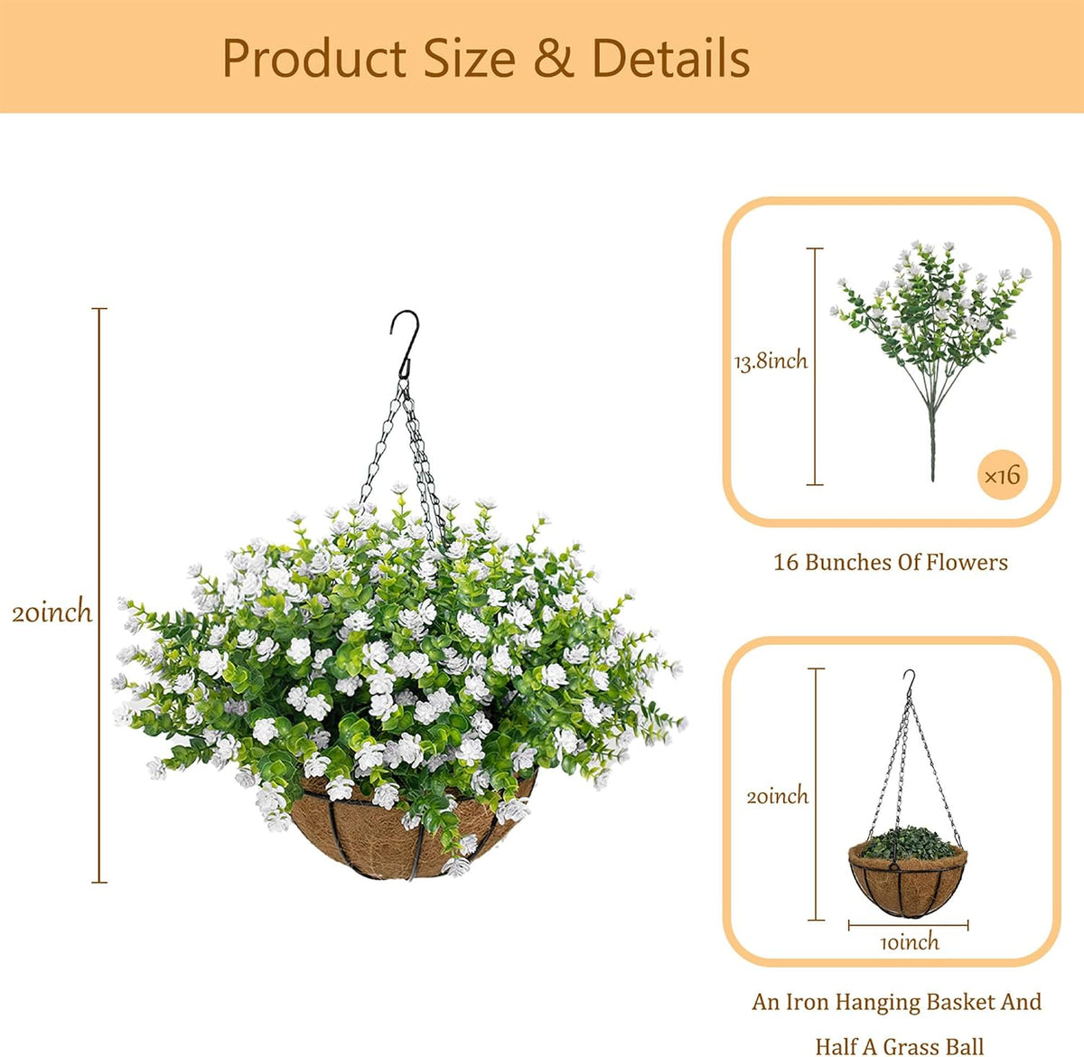 NETAP Artificial Hanging Flowers Basket for Outdoor, 16 Fake Flowers Look Real UV Resistant, Faux Hanging Plants for Porch, Balcony, Patio, Garden, Spring Summer Decor,White