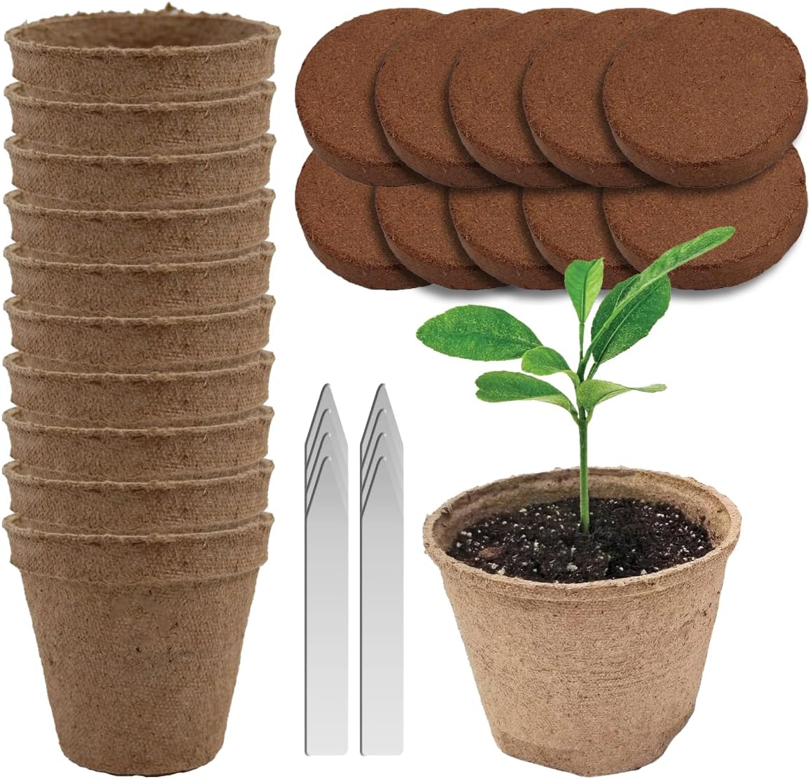 Seed Starter Kit - 10 Peat Pots, Coco Coir Discs & Markers