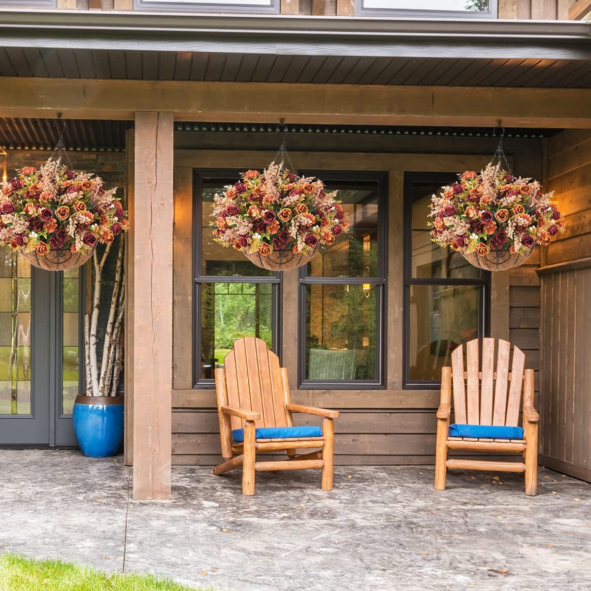 Homsunny Artificial Fall Hanging Flowers Baskets for Outdoor Decoration