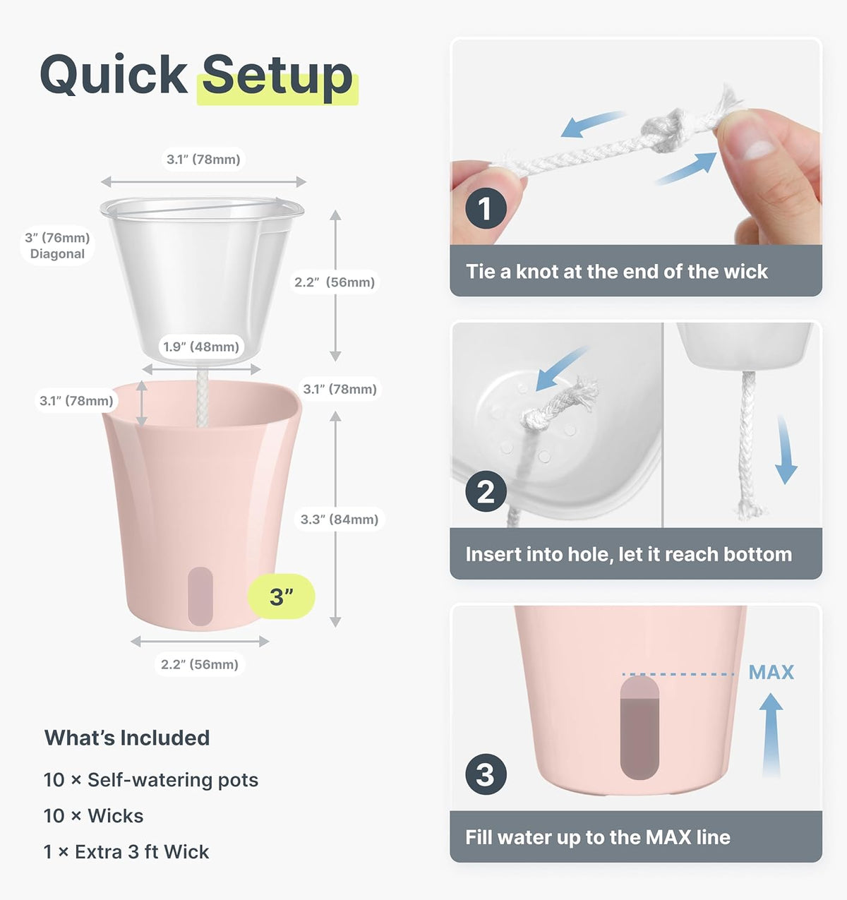 10 Pack 3" Self Watering Pots for Indoor Plants, Clear Inner Cup, Small Pink Plastic Planters, Water Level Indicator, Drainage Holes, Extra 3ft Wick, Cuttings,Seedlings,Herb,African Violet