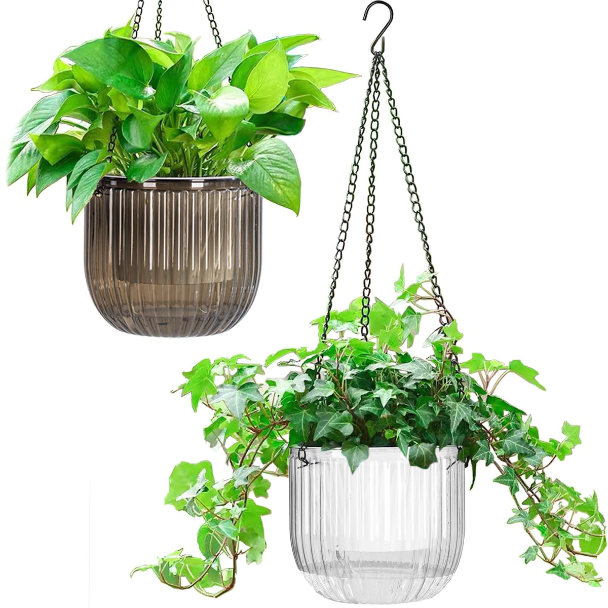Melphoe 2 Pack Self Watering Hanging Planters Indoor Flower Pots, 6.5 Inch Outdoor Hanging Basket, Plant Hanger with 3Hooks Drainage Holes for Garden Home (Emerald)