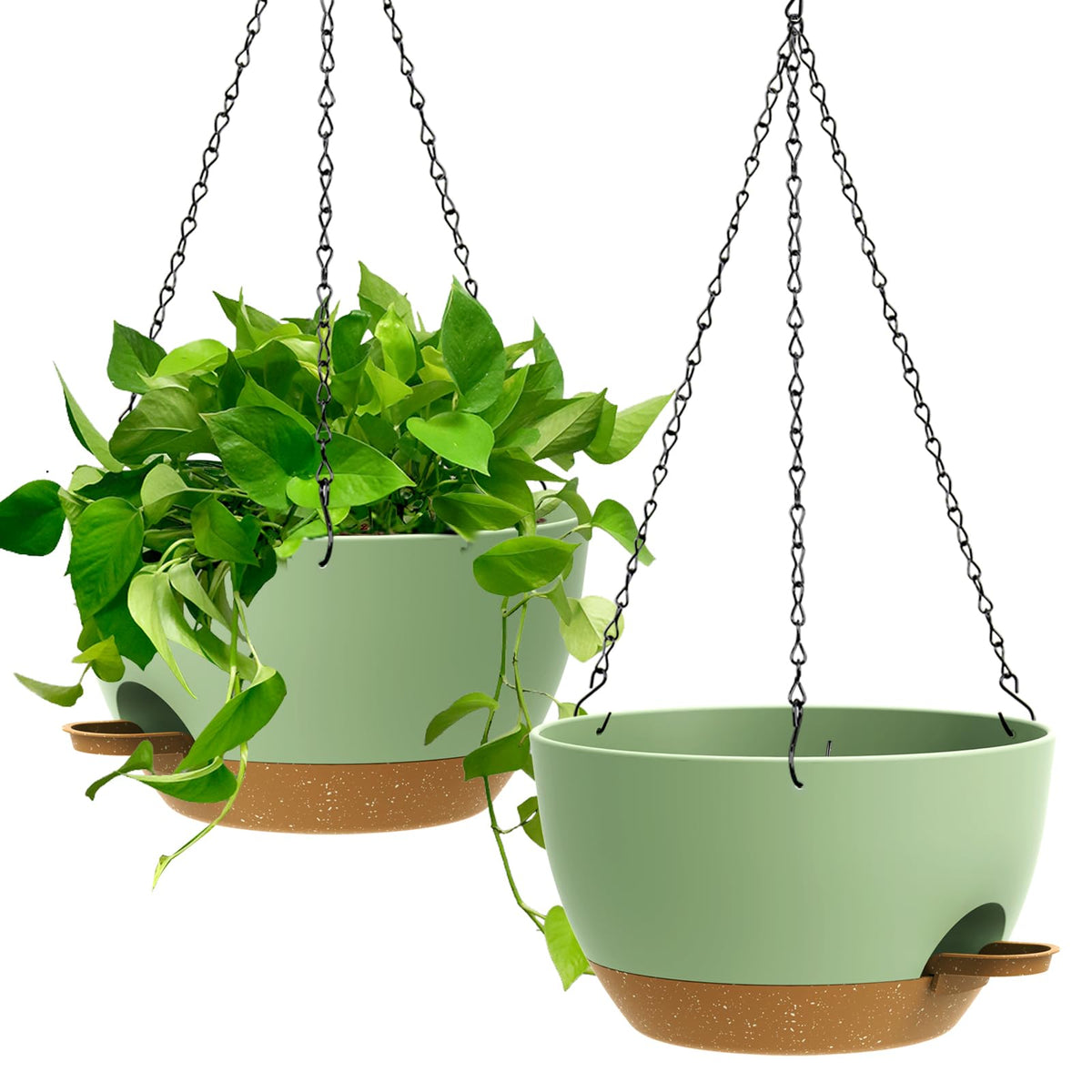 UOUZ 13 Inch 2 Pack Large Self Watering Hanging Planters for Indoor Outdoor Plants, Hanging Plant Pots with Removable 50 Oz Reservoir, Plastic Hanging Basket for Window Porch Garden, Black with Brown