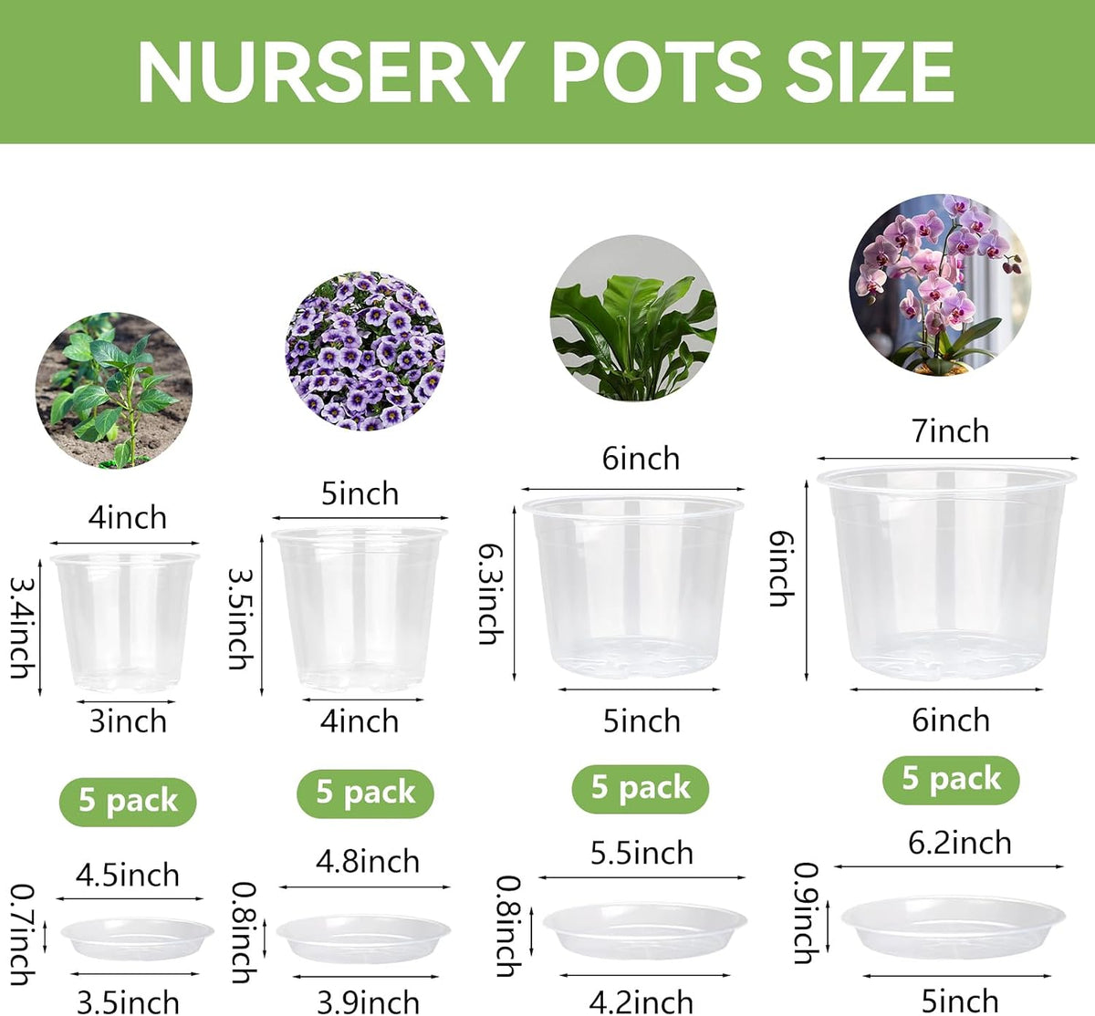 7/6/5/4 Inch Clear Nursery Pots with Drainage Hole 20Pcs,Plastic Plant Pot
