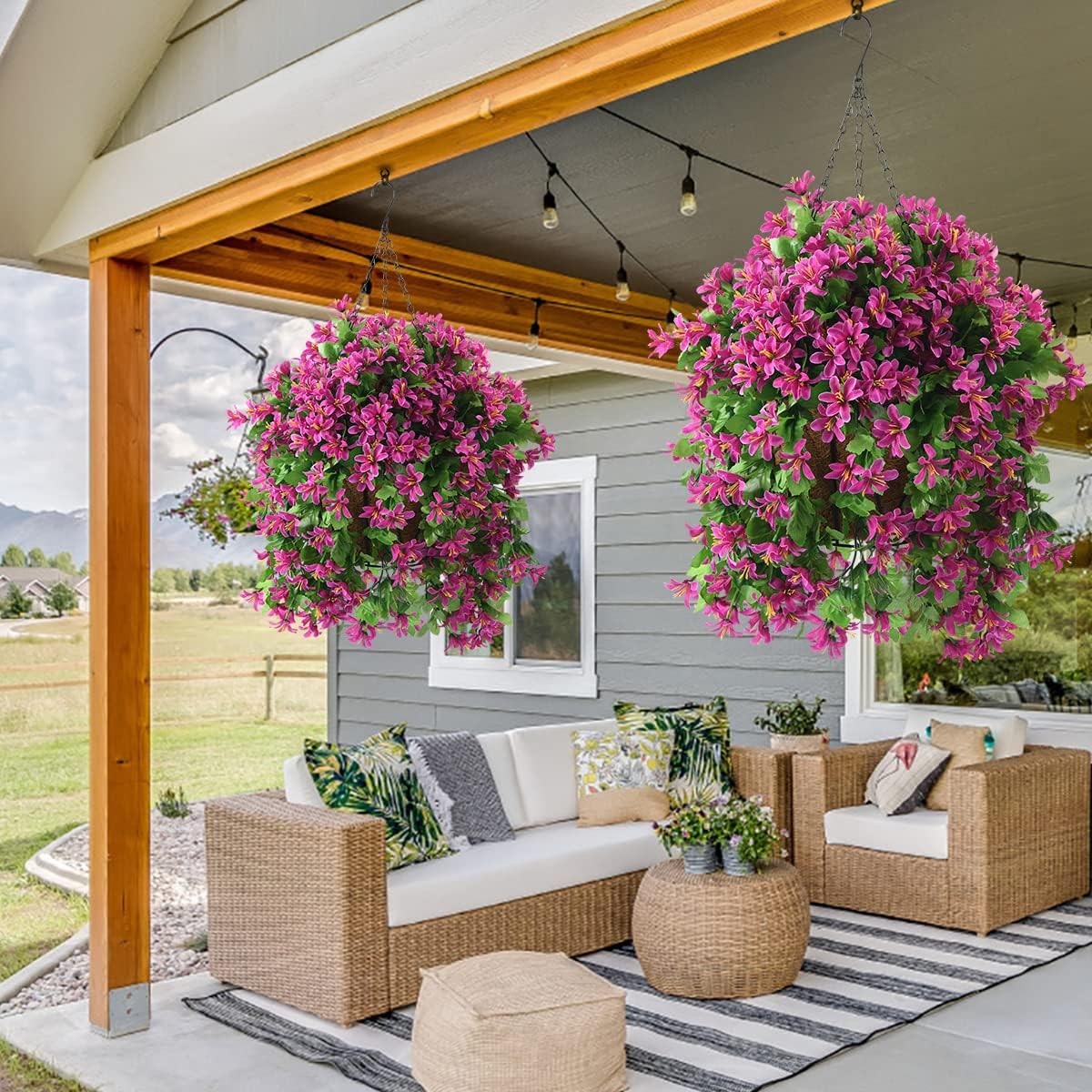 INQCMY Fake Hanging Flowers with Basket Artificial Violet for Outdoor