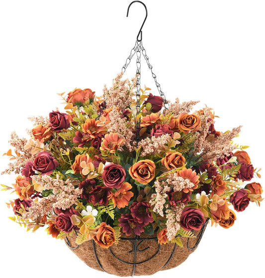 Homsunny Artificial Fall Hanging Flowers Baskets for Outdoor Decoration