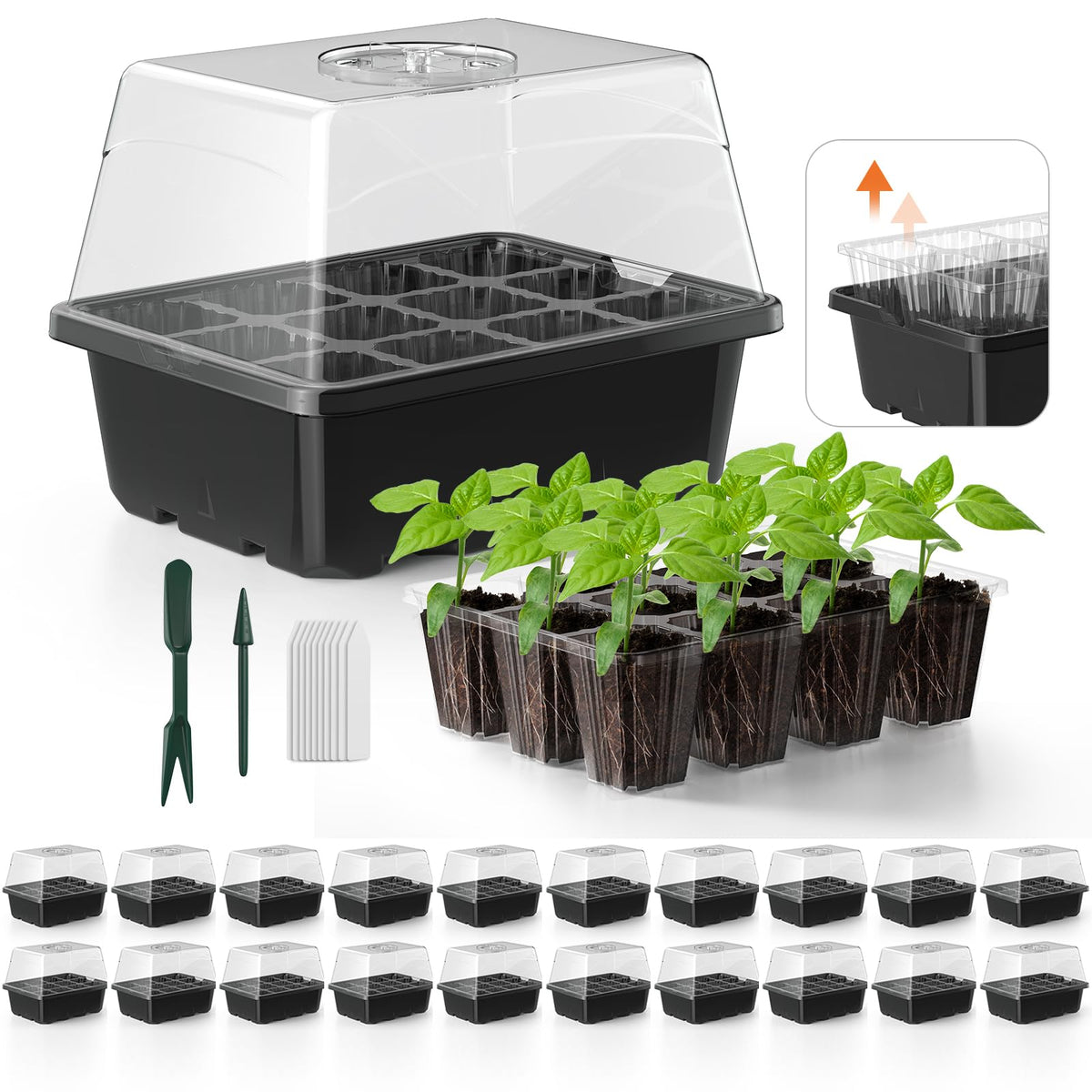 Seed Starter Tray, 10PCS Seed Starter Kit, Seedling Starter Trays with Heightened Lids for Seed Staring, Indoor Gardening Plant Germination Trays (12 Cells per Tray) Green