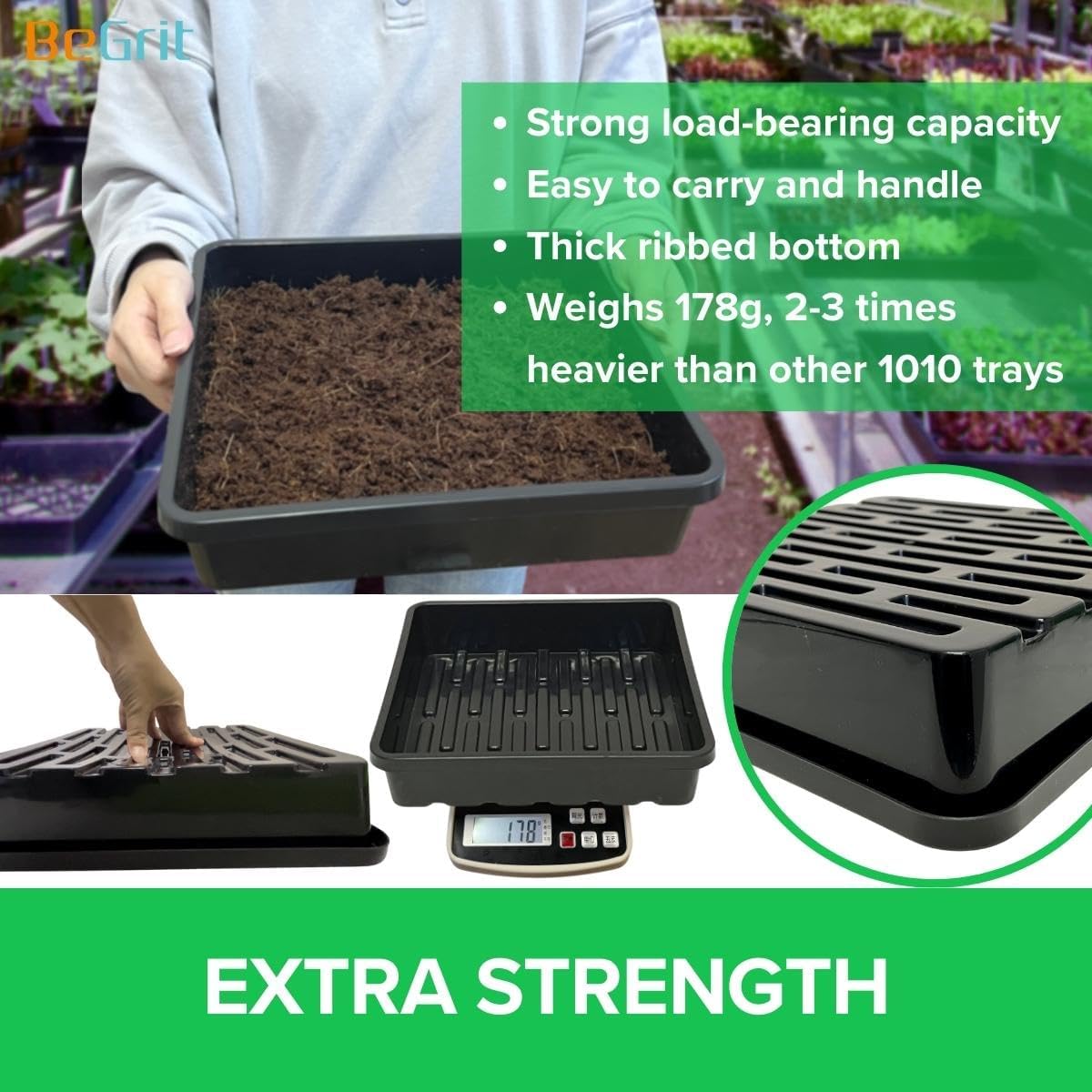 BeGrit 1010 Growing Trays Extra Strength Seed Tray 10" x 10" Without Drain Holes for Seedling Starter Microgreens Wheatgrass Fodder Hydroponic 10-Pack Black