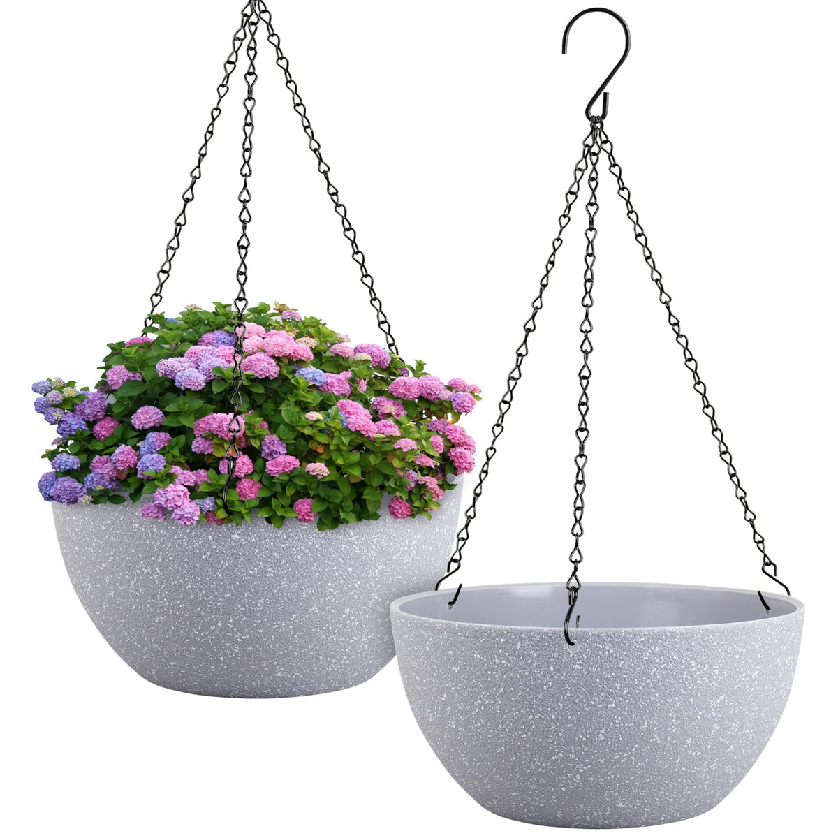 Meowell 10 inch Hanging Planters for Indoor Outdoor Plants, 2 Pack Hanging Flower Pots with Drainage Holes and Chain for Garden Porch, Round Plastic Hanging Baskets for House Plants, Black