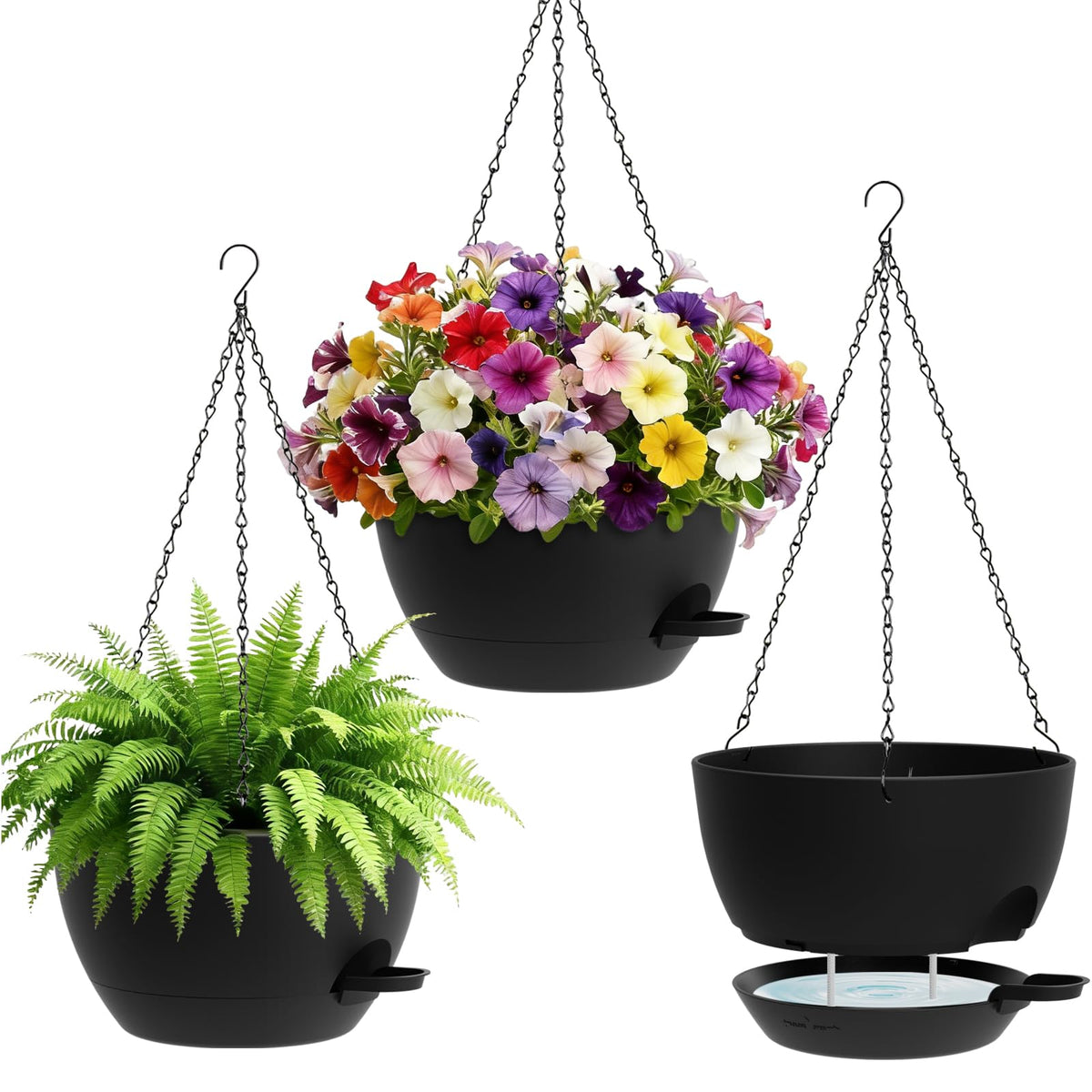 UOUZ 4 Pack 8 Inch Self Watering Hanging Planters for Indoor Outdoor Plants，Hanging Pots for Plants with Drainage Removable Tray, Hanging Baskets Flower Pots for Pothos Spider Garden Black with Brown