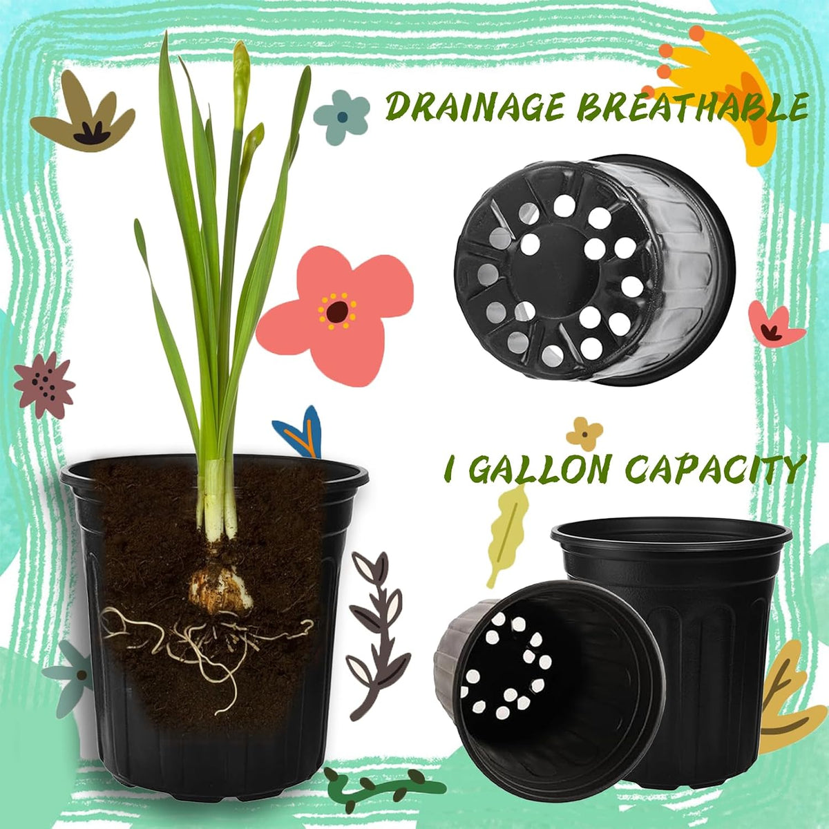 60 Pcs 1 Gallon Flexible Plant Nursery Pots,Plastic Thickened Soft Seedling Pot with Plant Labels,Flower Seed Starting Containers for Succulents,Transplanting,Indoor Outdoor,Black