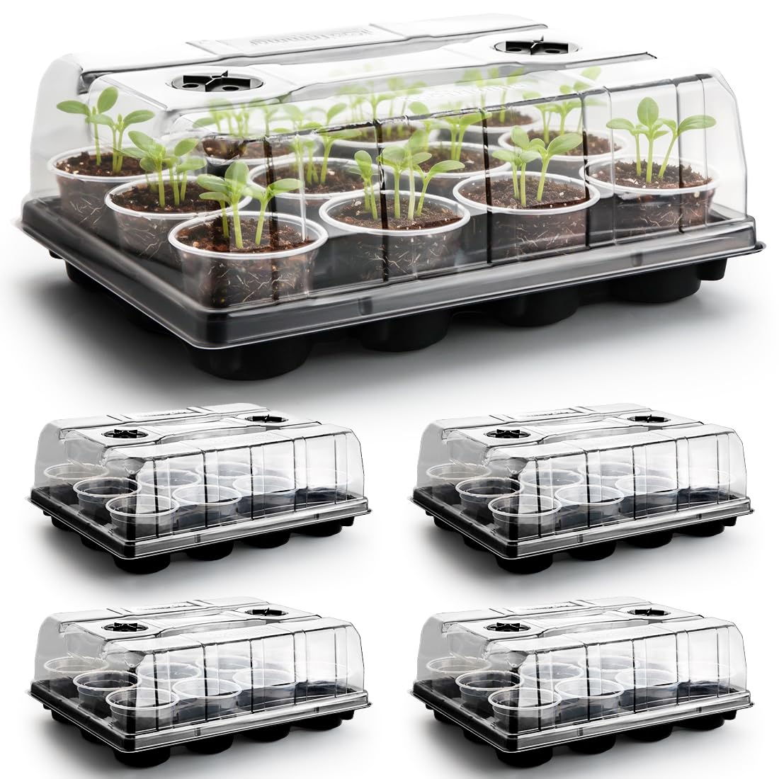 RooTrimmer 4 Inch Plastic Plant Pots 60 Pcs and 12 Cell Nursery Pots Trays 5 Pcs, Thick Sturdy Seeds Starting Germination Shuttle Carrying Trays, Black Small Planter Nursery Propagation 5 Sets