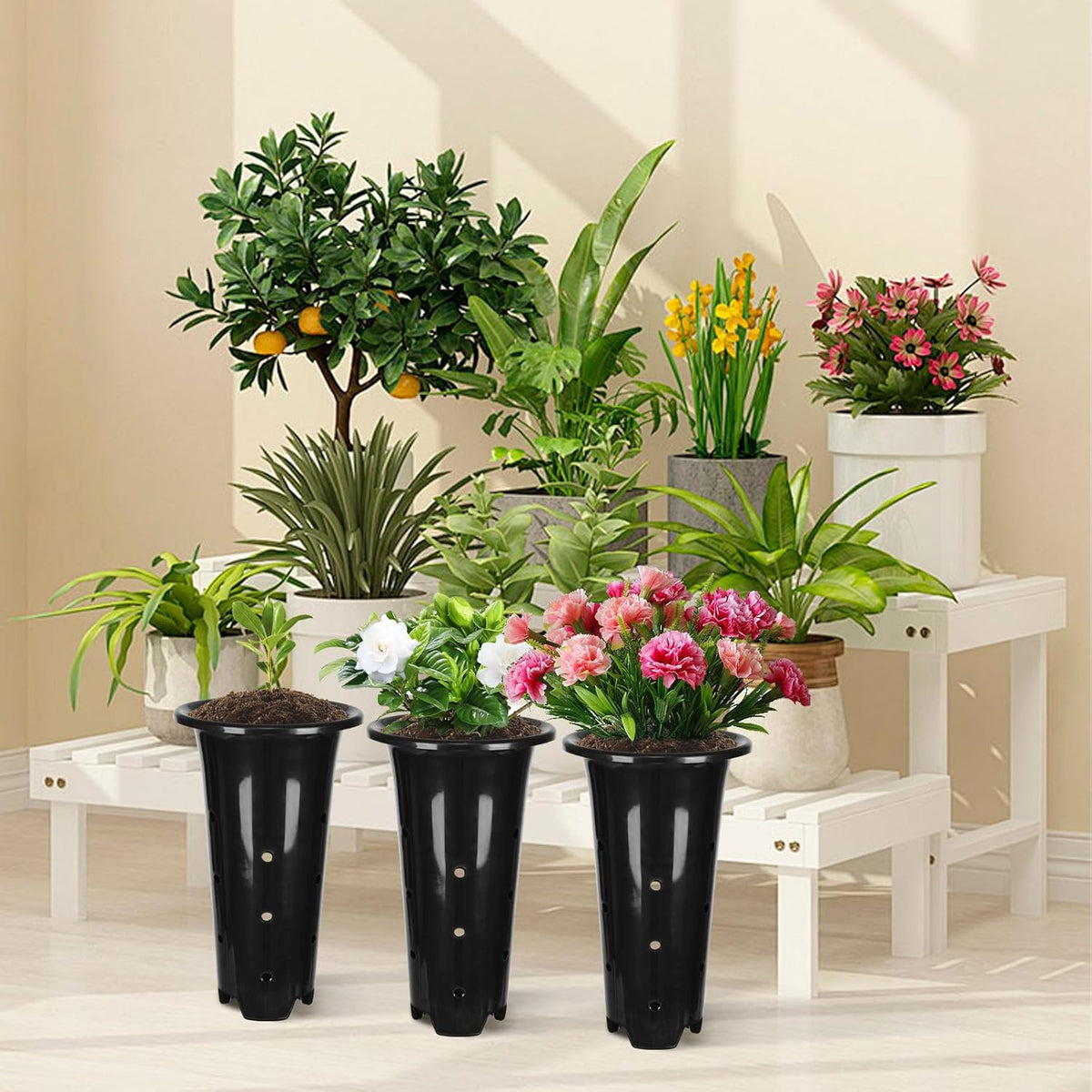 15 Pack Black Deep Plant Nursery Pots with Drainage Holes, (5.3" Wx8.66 H)