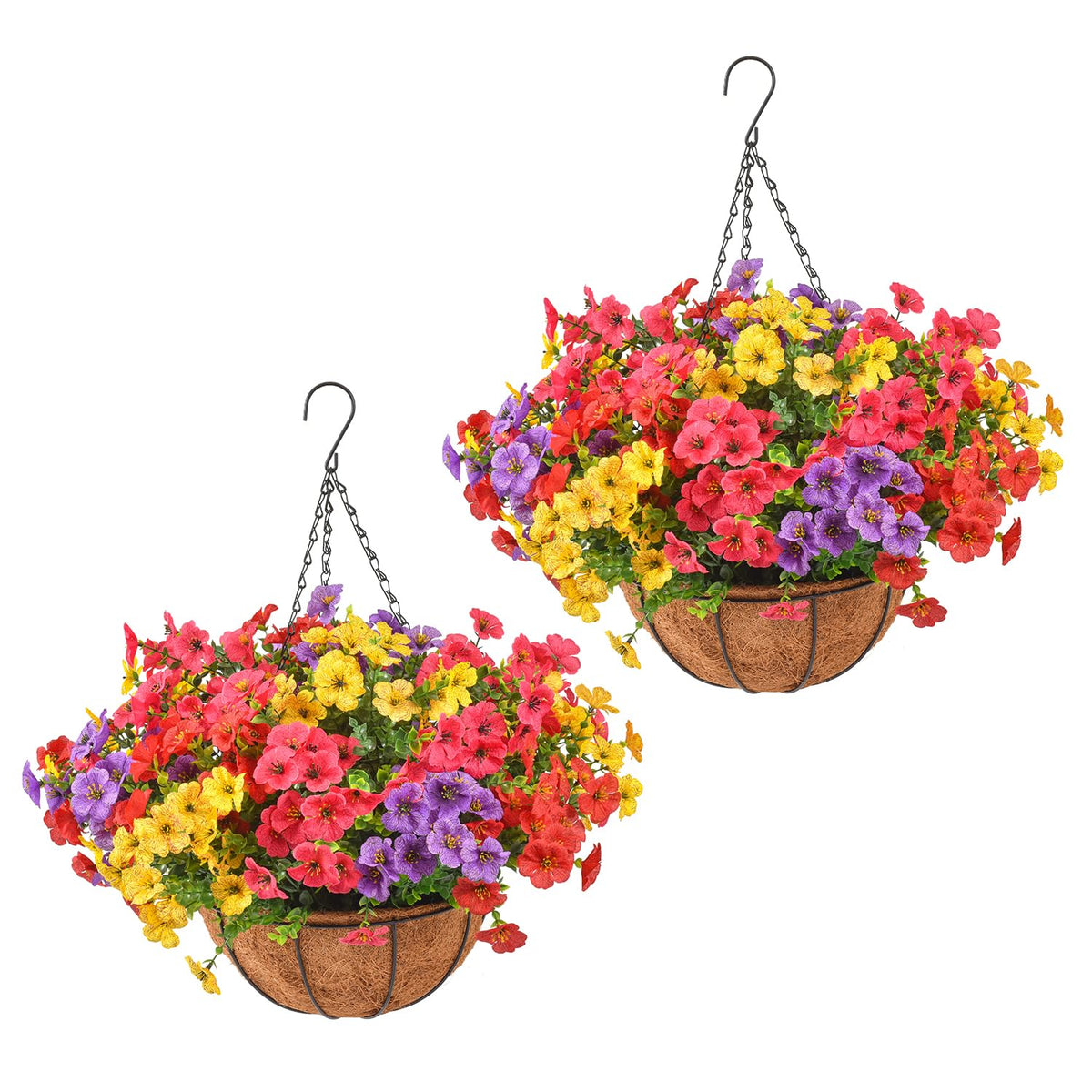 Artificial Outdoor Flowers with Hanging Baskets, 24pcs Fake Fall Mums Flower with 2 Pack Hanging Planters, Realistic UV Resistant Hanging Plants for Autumn Front Porch Garden Home Patio Yard Decor