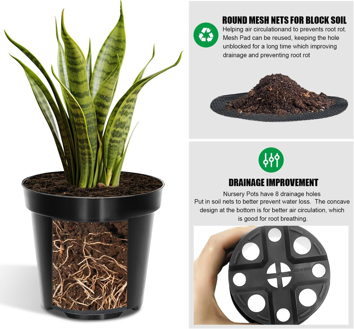 RooTrimmer 40 Pack 4 Inch Plant Nursery Pots with Mesh Pad, Sturdy Plastic Flower Planter Pots with Drainage Holes, Seed Starter Pots for Planting Seedings Cuttings Succulents Indoor Ourdoor, Black