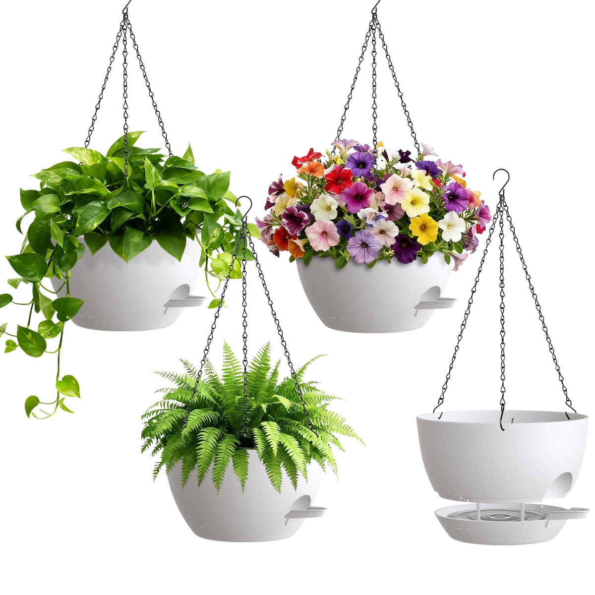UOUZ 4 Pack 8 Inch Self Watering Hanging Planters for Indoor Outdoor Plants，Hanging Pots for Plants with Drainage Removable Tray, Hanging Baskets Flower Pots for Pothos Spider Garden Black with Brown