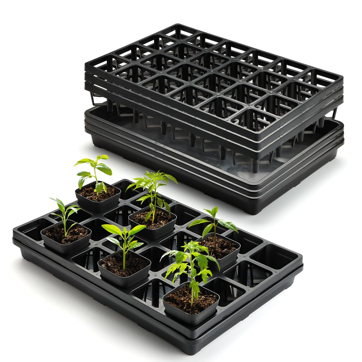 RooTrimmer 2.8 inch (7CM) Square Nursery Pots 120pcs (Green) and 24 Cell Nursery Pots Trays 5 Pack, Plastic Seedling Starter Tray with Drain Holes for Carrying and Holding Plant Pot(17"x11"x1.6")