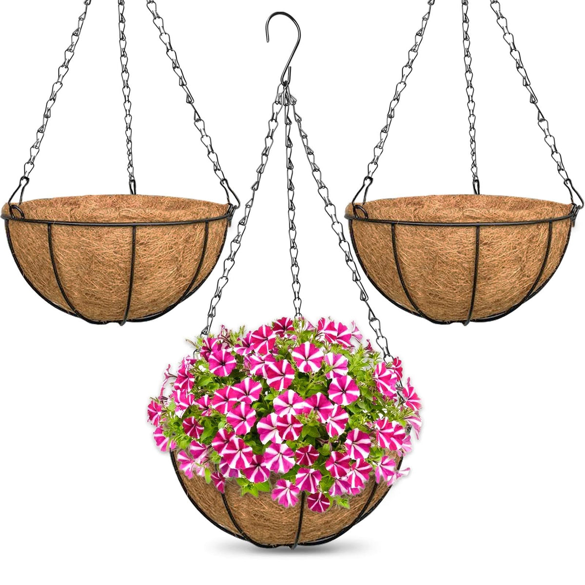 ZeeDix 2 Pack 14 Inch Hanging Baskets for Plants Outdoor, Metal Wire Round Planters with Coco Liner, Hanging Flower Baskets for Home Garden Porch Balcony Railings Decor