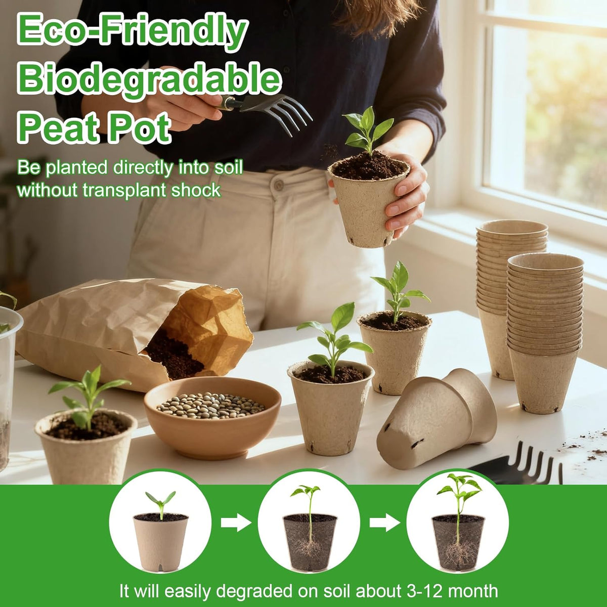 150 Pcs Peat Pots 3.15 Inch Seed Starting Pots with Drainage Holes