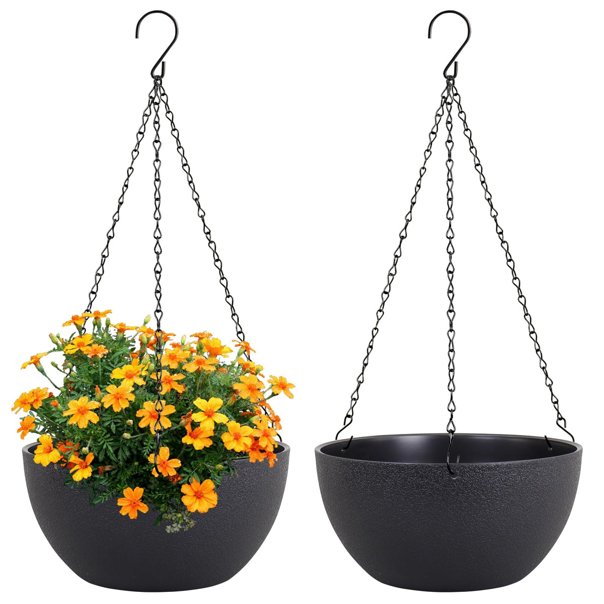 Meowell 10 inch Hanging Planters for Indoor Outdoor Plants, 2 Pack Hanging Flower Pots with Drainage Holes and Chain for Garden Porch, Round Plastic Hanging Baskets for House Plants, Black