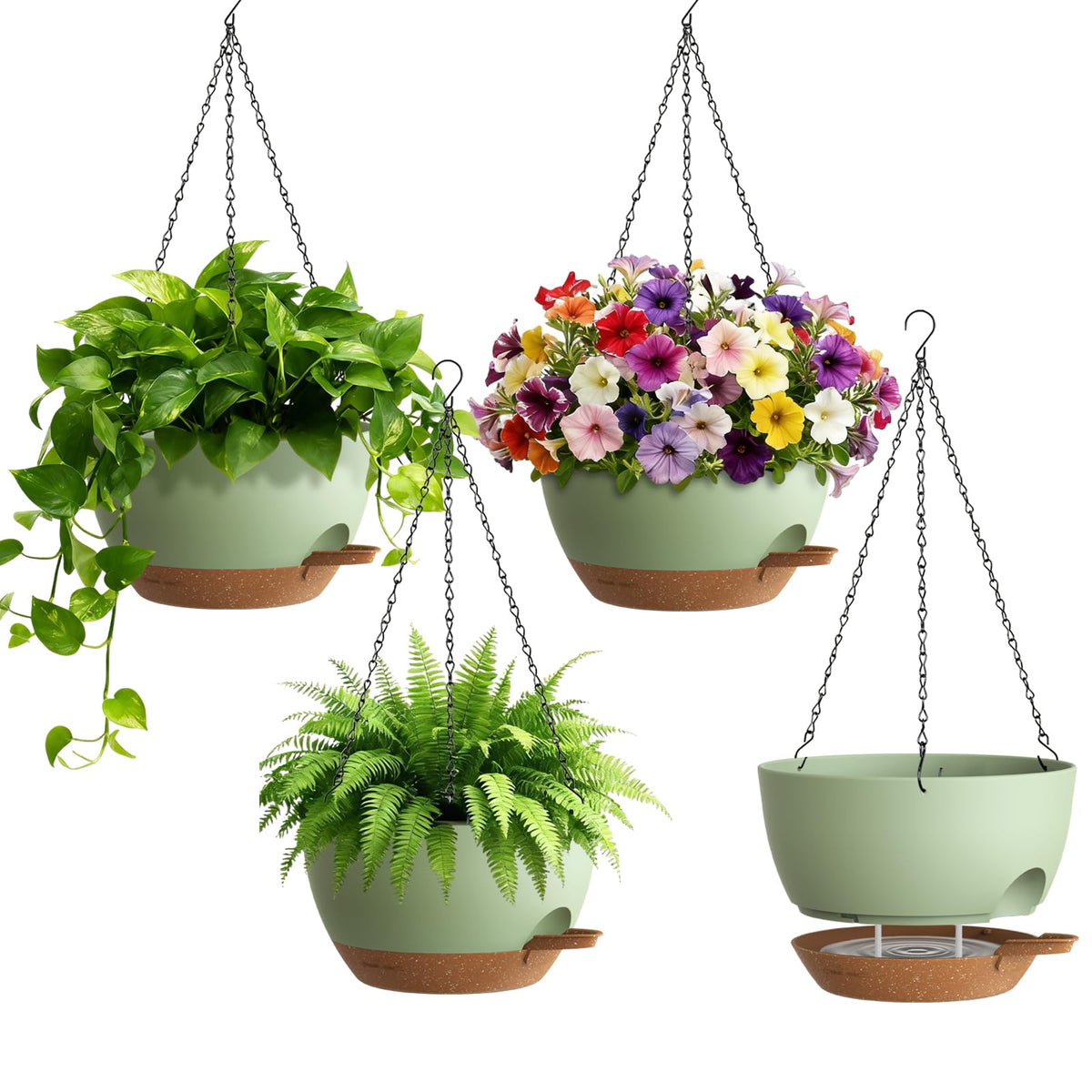 UOUZ 4 Pack 8 Inch Self Watering Hanging Planters for Indoor Outdoor Plants，Hanging Pots for Plants with Drainage Removable Tray, Hanging Baskets Flower Pots for Pothos Spider Garden Black with Brown