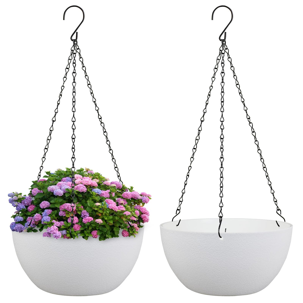 Meowell 10 inch Hanging Planters for Indoor Outdoor Plants, 2 Pack Hanging Flower Pots with Drainage Holes and Chain for Garden Porch, Round Plastic Hanging Baskets for House Plants, Black