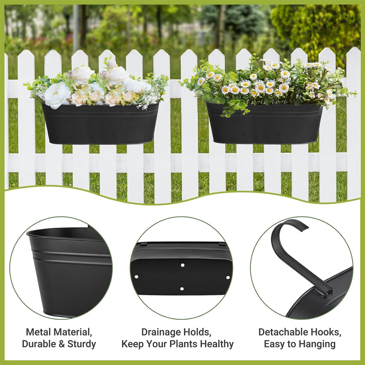Dahey 15 Inches Railing Planter Box 3 Pcs Metal Hanging Flower Pots, Black