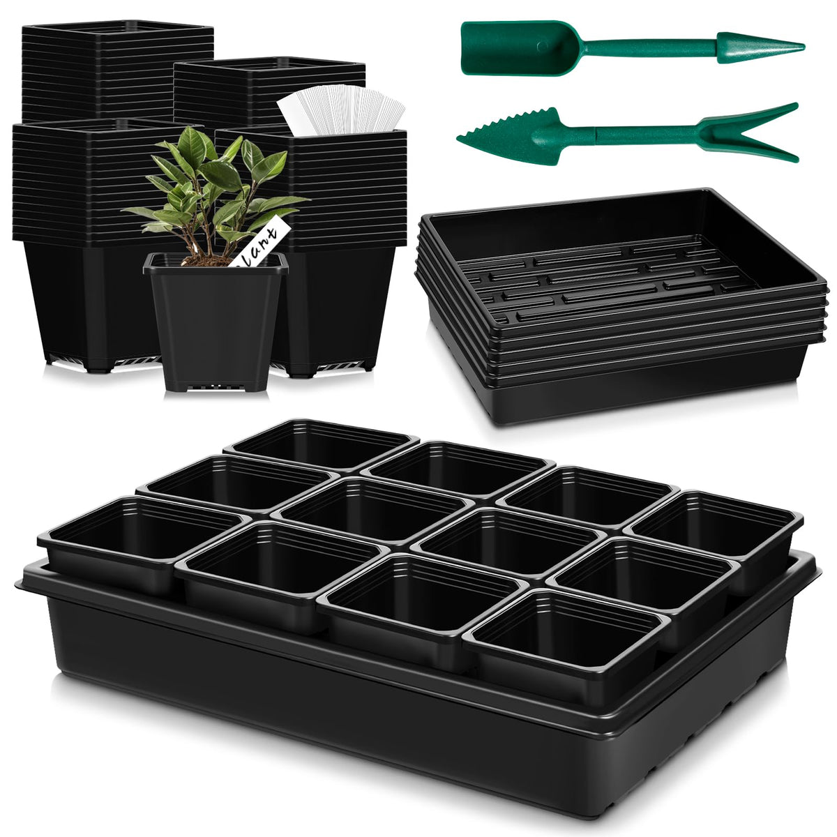 mwellewm 5 Pcs Seed Starter Tray, 3.5 Inch (9CM) 60 Pcs Nursery Pots Kit, Thickened Seed Starting Trays Square Seedling Pots for Plants Sturdy Microgreens Growing Trays Reusable Germination Tray