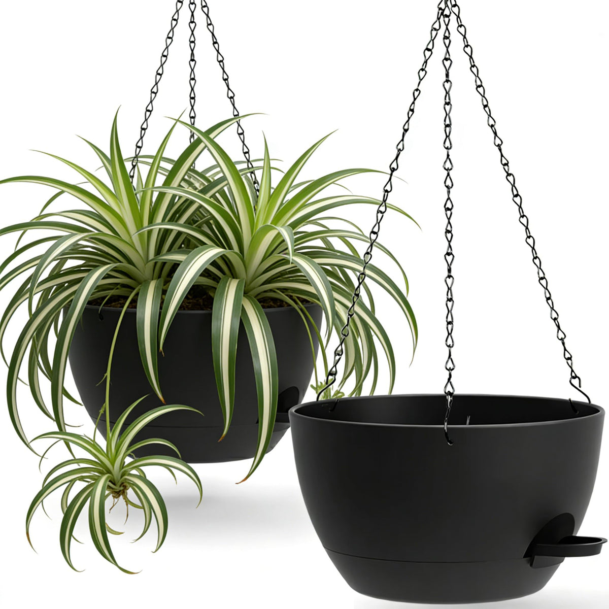 UOUZ 13 Inch 2 Pack Large Self Watering Hanging Planters for Indoor Outdoor Plants, Hanging Plant Pots with Removable 50 Oz Reservoir, Plastic Hanging Basket for Window Porch Garden, Black with Brown