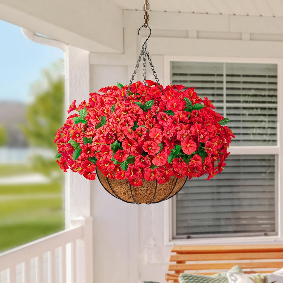 TTQ 2 Pack Artificial Hanging Flower Baskets for Outdoor Decor,Red