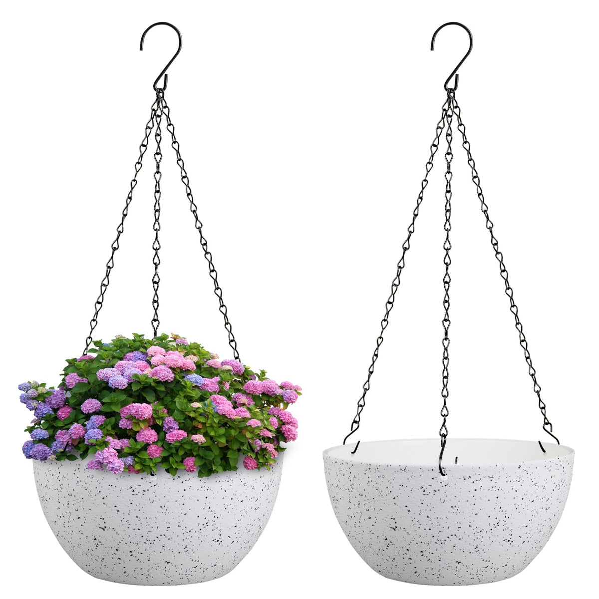 Meowell 10 inch Hanging Planters for Indoor Outdoor Plants, 2 Pack Hanging Flower Pots with Drainage Holes and Chain for Garden Porch, Round Plastic Hanging Baskets for House Plants, Black