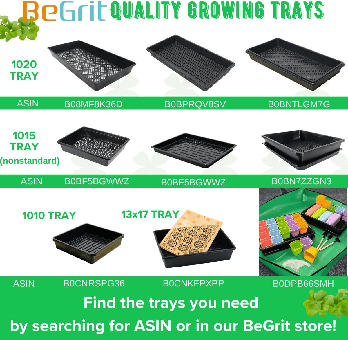 BeGrit 1010 Growing Trays Extra Strength Seed Tray 10" x 10" Without Drain Holes for Seedling Starter Microgreens Wheatgrass Fodder Hydroponic 10-Pack Black