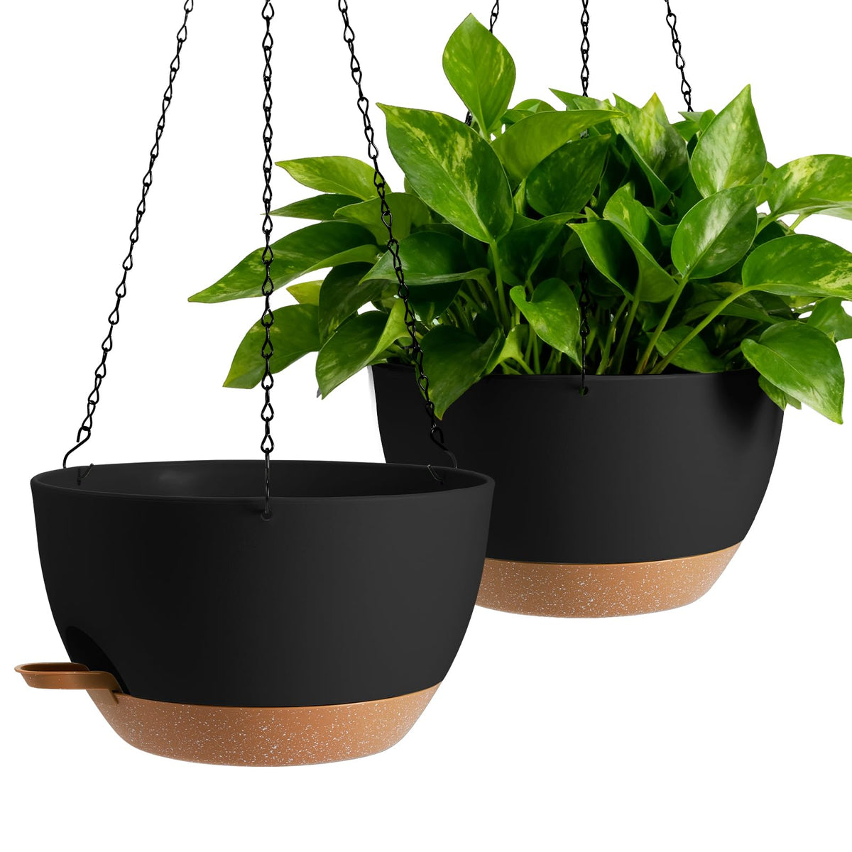 4-Piece Set of 8-Inch Hanging Planters with Automatic Watering System and Drip Tray, Includes Metal Chain, Suitable for Various Indoor and Outdoor Plants and Flowers, Black-Brown