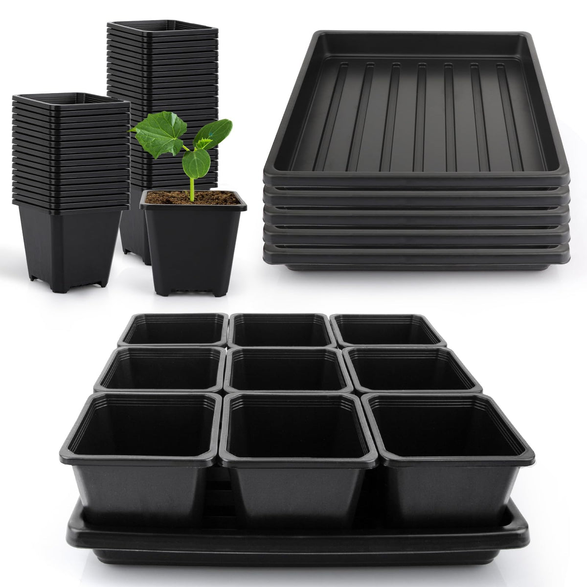 80Pcs 2.5inch Square Nursery Pots with 5Pcs Seed Starting Trays, Seed Starter Tray Kit, Seeds Starting Germination, Seeding Pots with Drain Holes, Small Plant Nursery Propagation