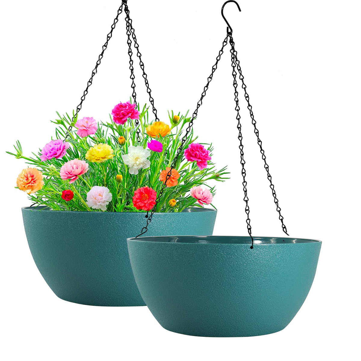WOUSIWER 13 inch 2Pack Large Hanging Planters for Outdoor Indoor Plants with Drainage Holes and Chain, Round Hanging Flower Pots for Garden Home Porch Decor, Black
