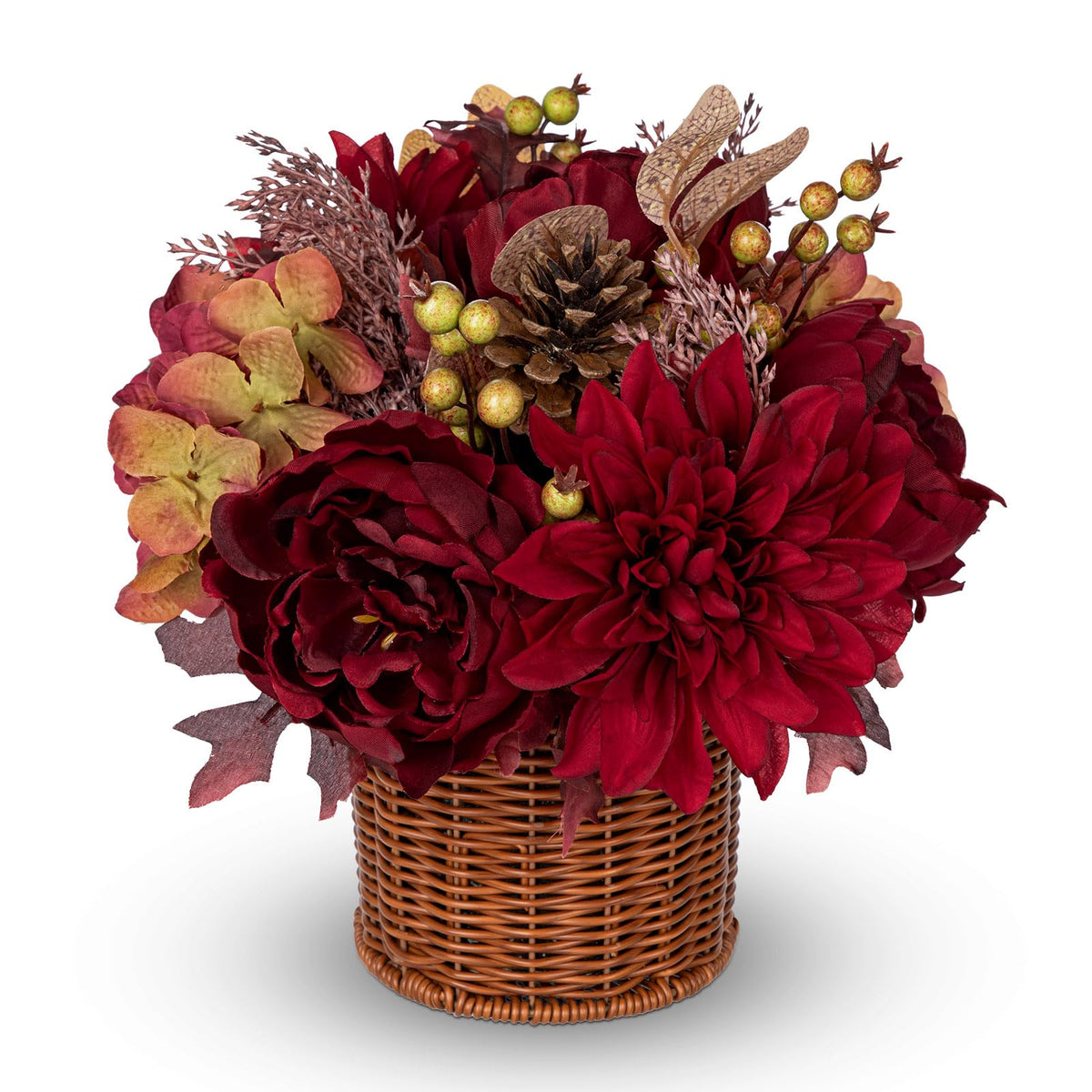 Hollyone 11" Fall Hanging Baskets Hydrangea Peonies Small Artificial Flowers Fall Hanging Decor Hydrangea Fake Flowers Faux Plants Red Orange Indoor Outdoor Porch Patio Garden Autumn Home Decorations