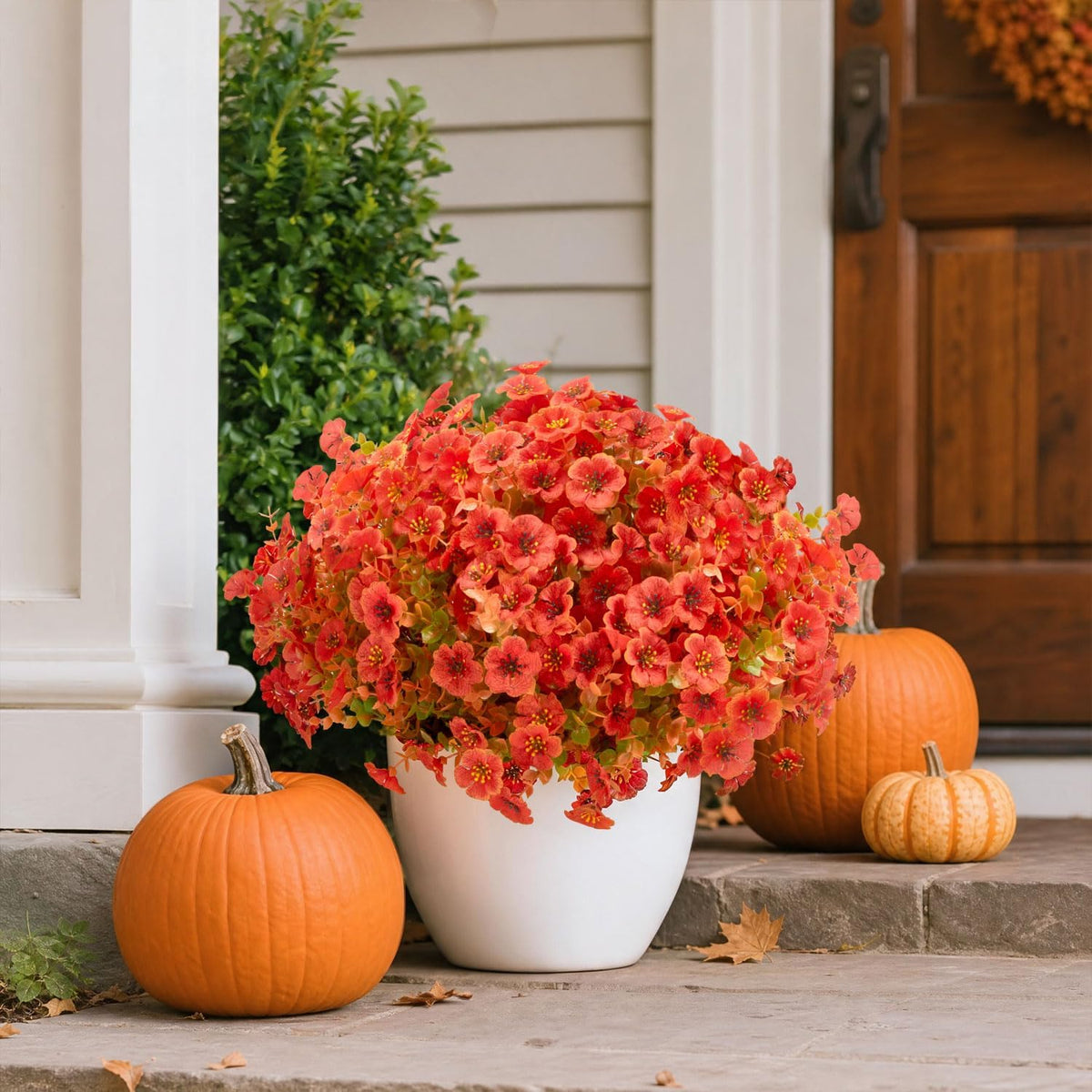Artificial Outdoor Flowers with Hanging Baskets, 24pcs Fake Fall Mums Flower with 2 Pack Hanging Planters, Realistic UV Resistant Hanging Plants for Autumn Front Porch Garden Home Patio Yard Decor