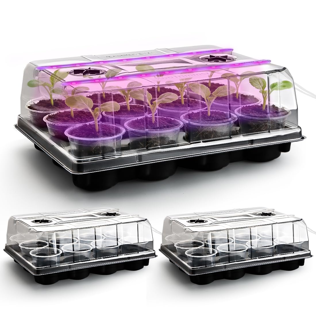 RooTrimmer 4 Inch 60 Pack Nursery Pots with Humidity Domes & 5 Pack 12 Cell Round Seedling Pot Carrying Trays, Sturdy Seeds Starter Pot Germination Set, Small Planter Nursery Propagation 5 Sets