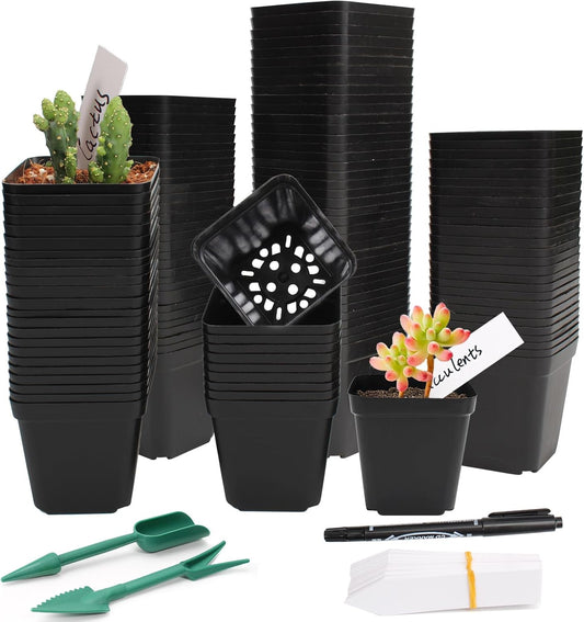 100 Pcs 2.6" Square Nursery Pots for Seeds - Thickened Reusable Plastic Seedling Pots with 60 Plant Labels & Tools - Seed Starter Pots with Drainage for Succulents, Flowers, Cuttings & Greenhouse