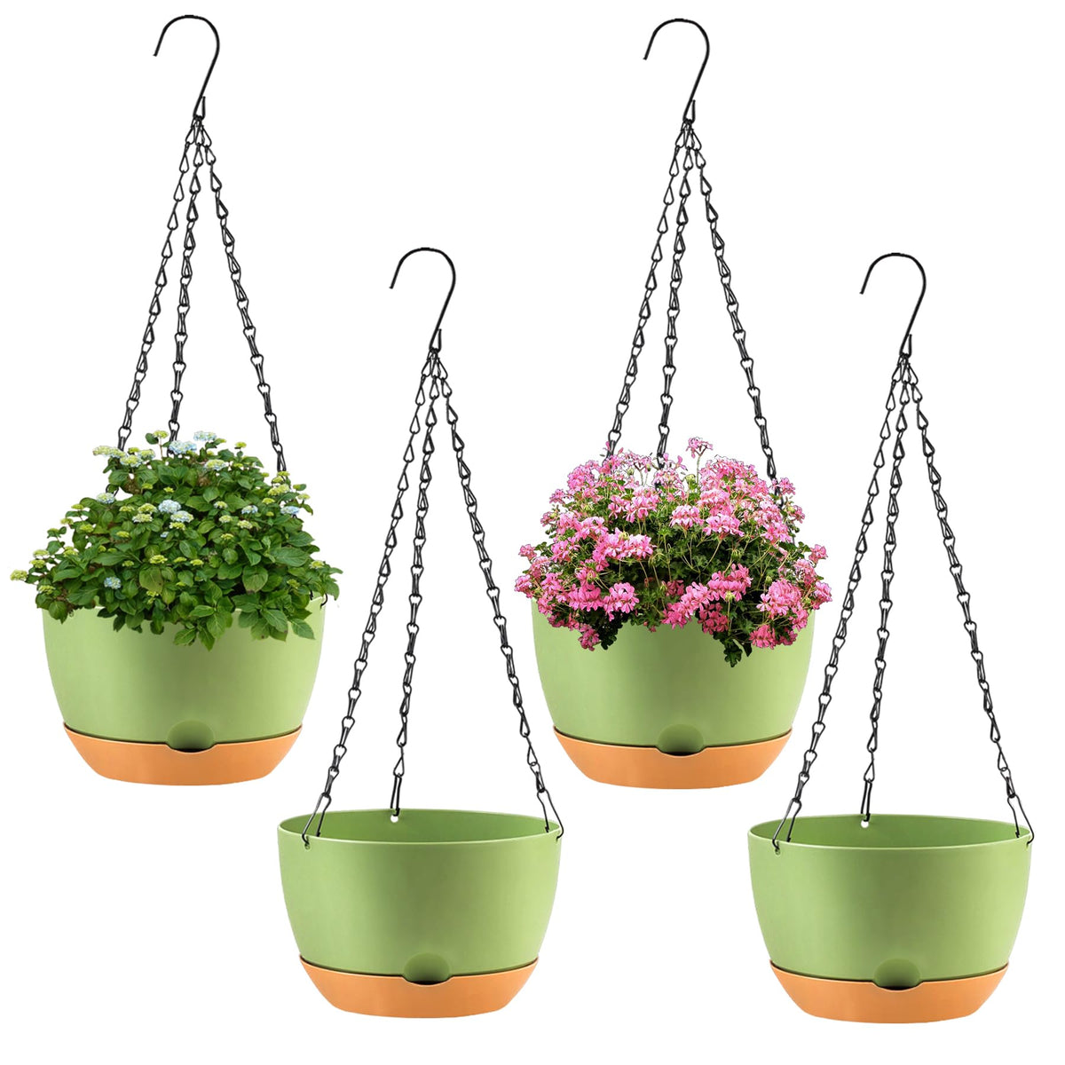 KPUVX 4 Pack Plastic Hanging pots for Plants Indoor,8 Inch Plant Pot Indoor Outdoor Hanging Baskets,Hanging Flower Pots with Drainage Holes and Chain for Garden Porch Plants(Black)