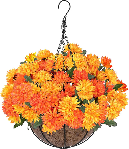 Artificial Faux Fall Mums Hanging Flowers Plants Basket for Outdoor Decor, 75 UV Resistant Fake Silk Orange Yellow Daisy in Planter Real Look for Autumn Porch Home Patio Garden Yard Decoration