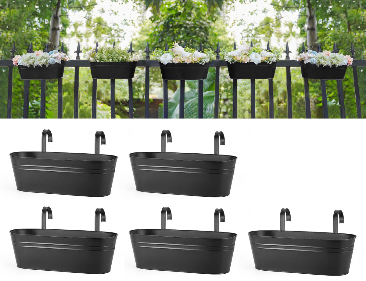 Dahey 15 Inches Railing Planter Box 3 Pcs Metal Hanging Flower Pots, Black