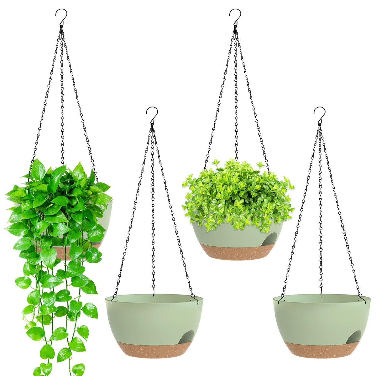 8 Inch Hanging Planters for Indoor Outdoor Plants, 4 Pack Black Plastic Self Watering Hanging Baskets with Drainage Holes and Chain for Garden Porch