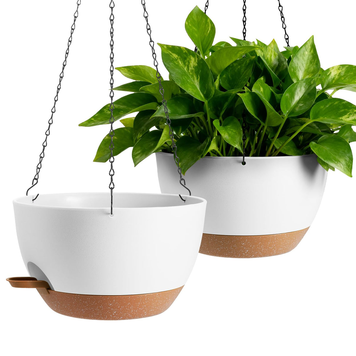 4-Piece Set of 8-Inch Hanging Planters with Automatic Watering System and Drip Tray, Includes Metal Chain, Suitable for Various Indoor and Outdoor Plants and Flowers, Black-Brown