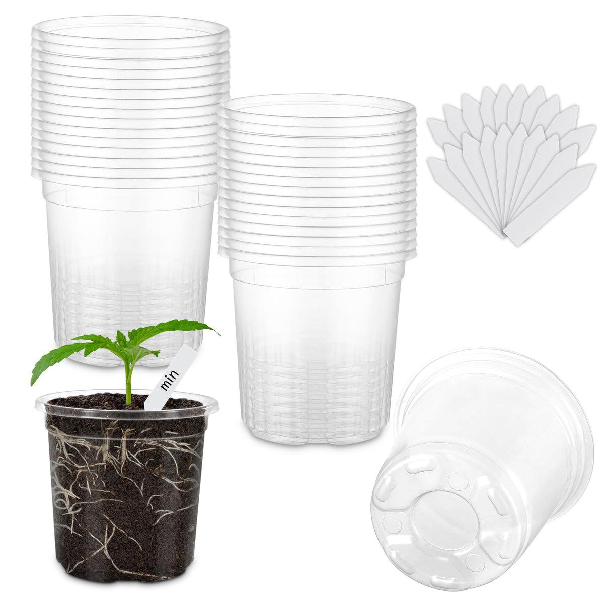 30 Pack Clear Nursery Plant Pots, 4 Inch with Drainage Holes, 20 Labels