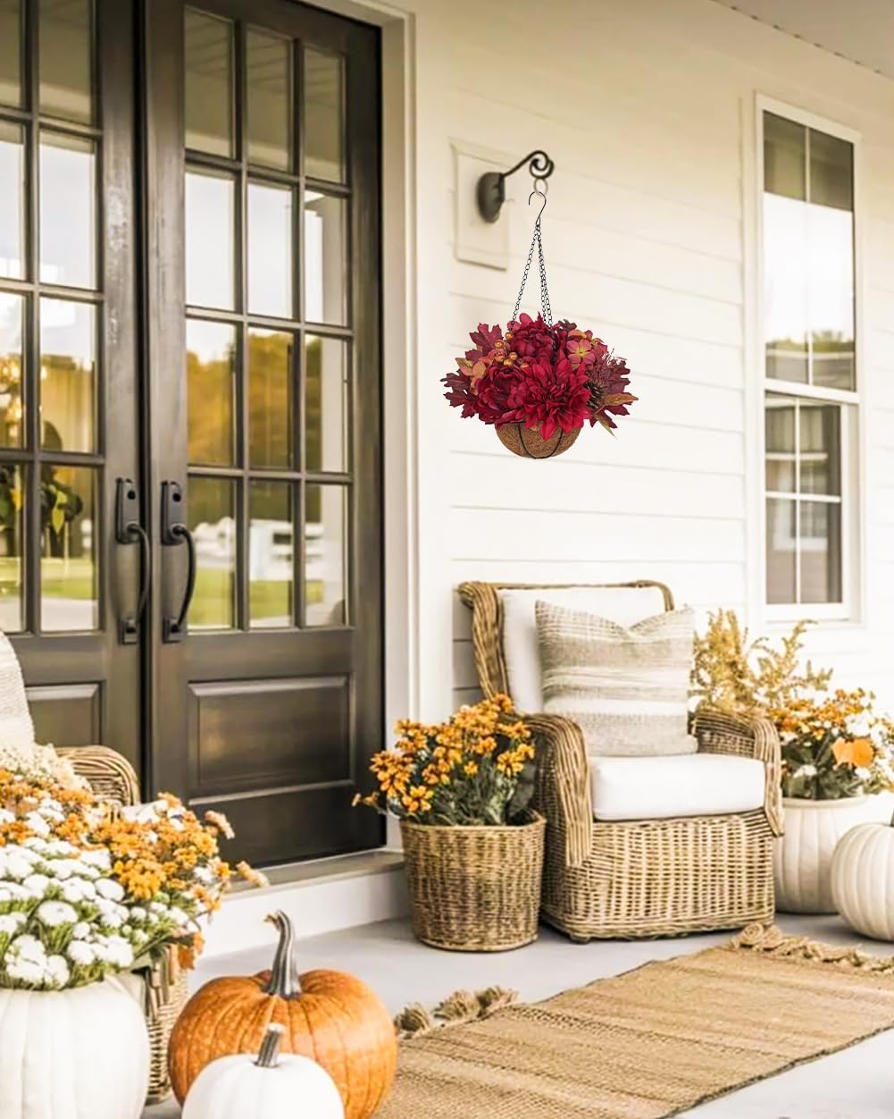 Hollyone 11" Fall Hanging Baskets Hydrangea Peonies Small Artificial Flowers Fall Hanging Decor Hydrangea Fake Flowers Faux Plants Red Orange Indoor Outdoor Porch Patio Garden Autumn Home Decorations