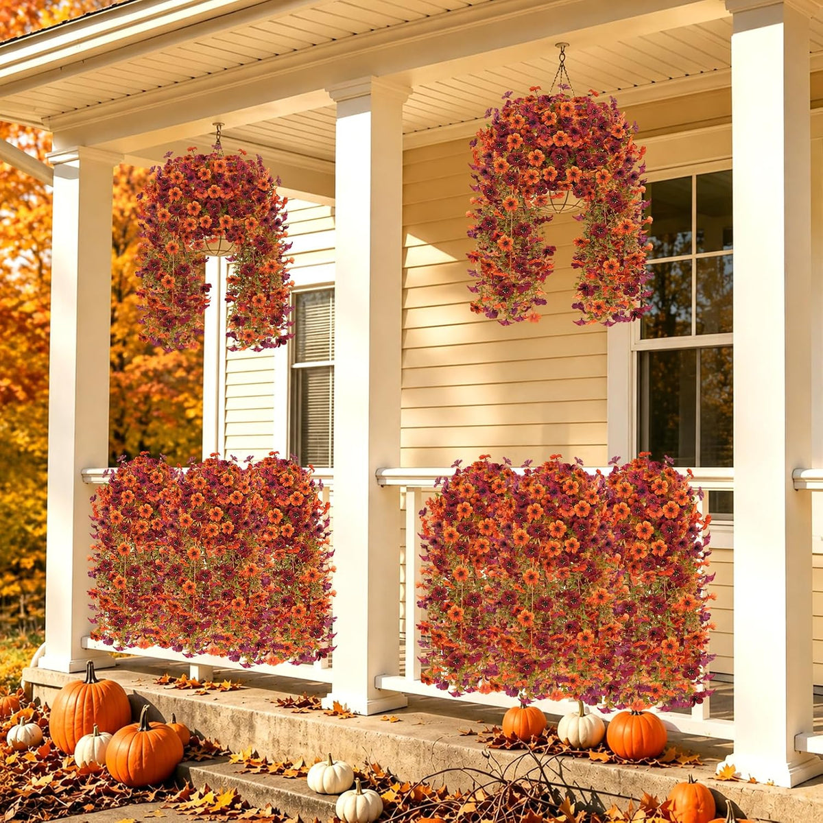 8PCS Artificial Fall Hanging Flowers for Outdoor Realistic hanging Mums