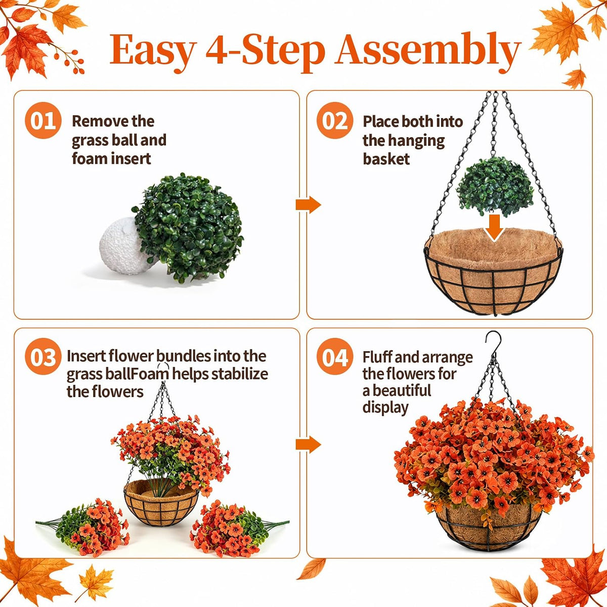 2 Set Artificial Hanging Flower Baskets with Coco Liners, Orange Fall